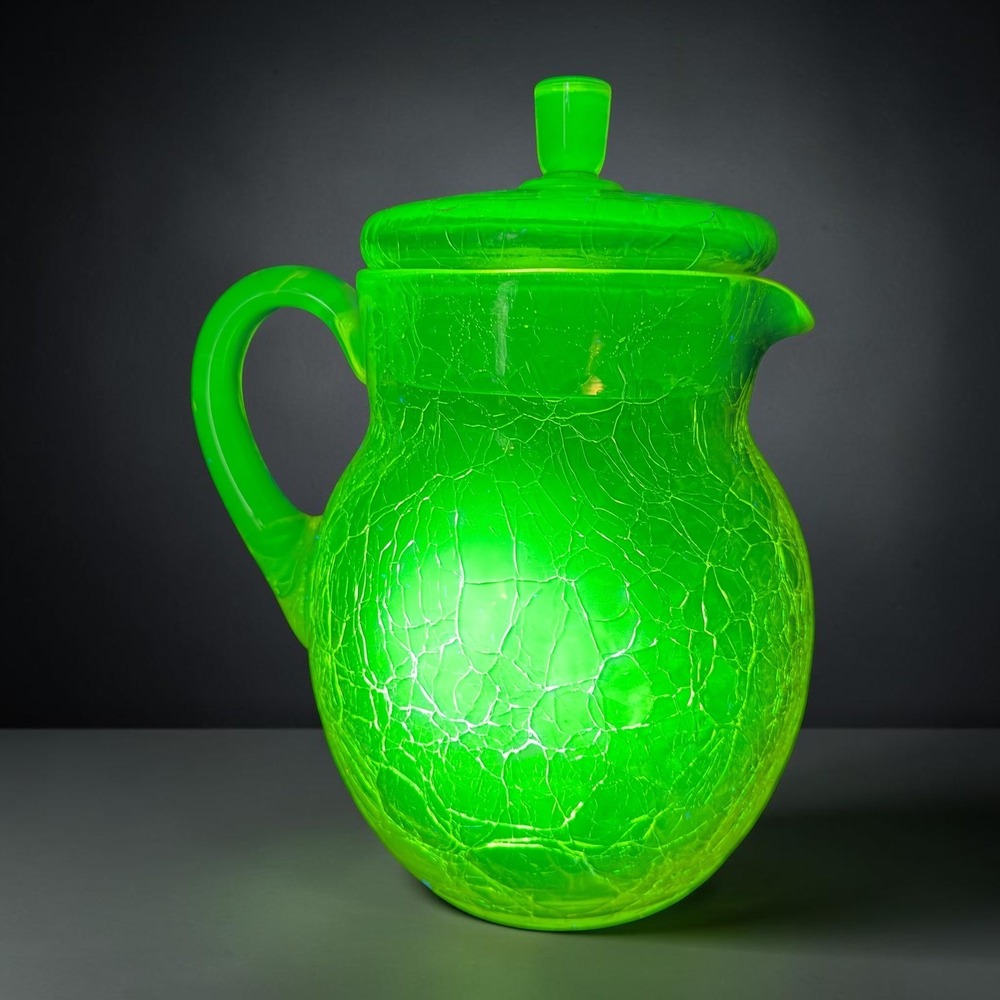 Fry Crackle Glass Pitcher Lid Vaseline Uranium Glass Yellow 8 Inch Vintage